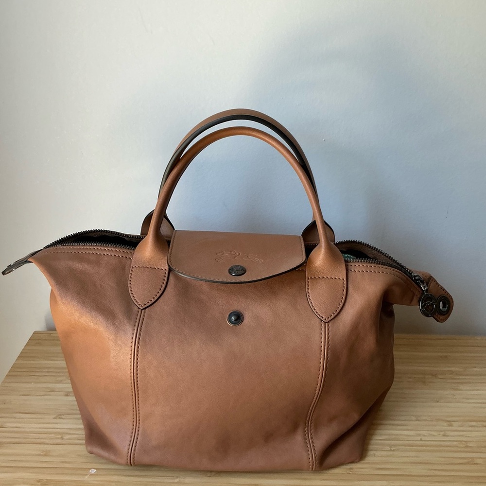 Longchamp Brown Leather Tote with Signature Fold-Over Design